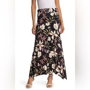 Nordstrom Bobeau Black and Cream Floral Maxi Skirt A-line Asymmetrical Hem